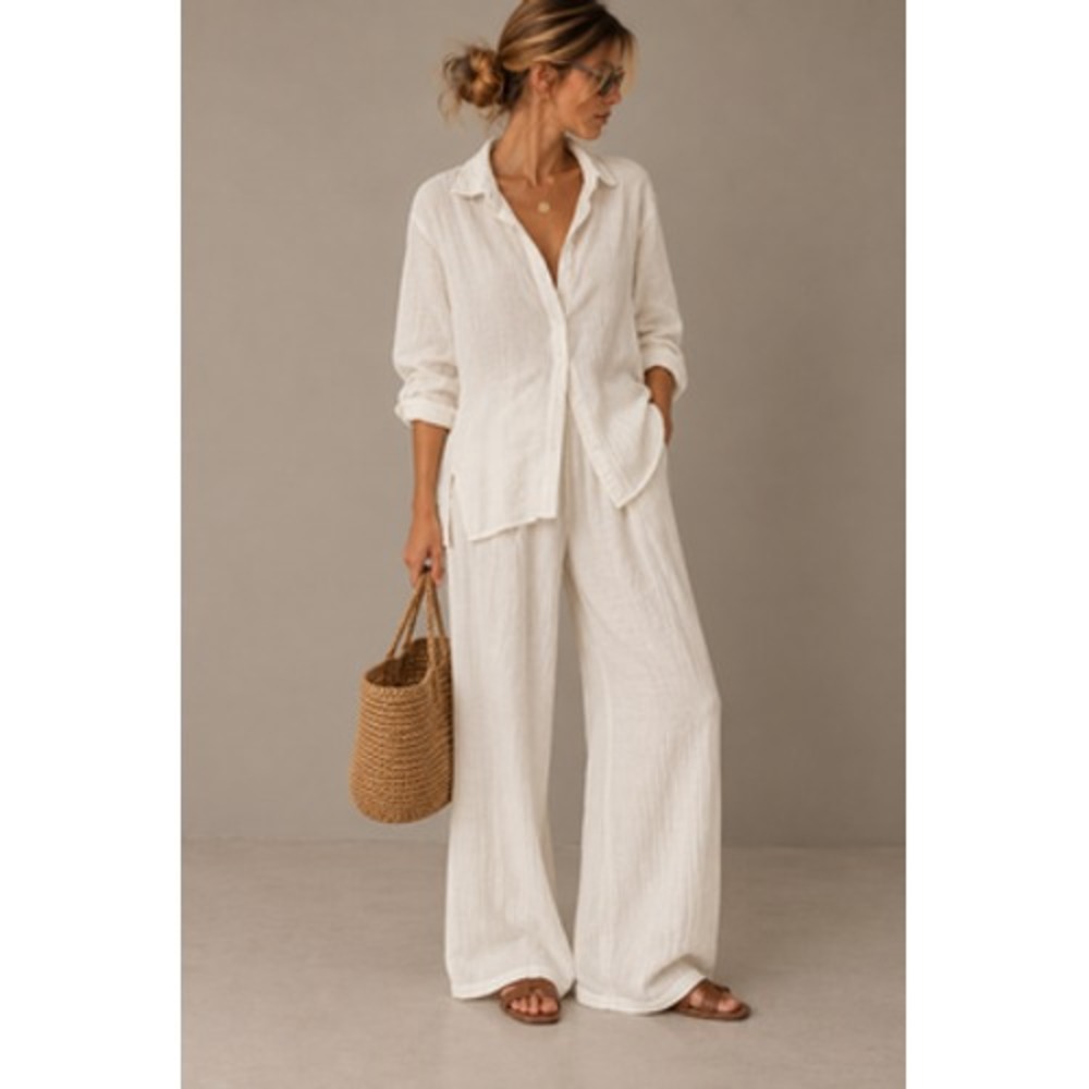 Because of Alice BOA Gauze Shirt Pants Set Womens Small Lounge Beachy Wrinkle